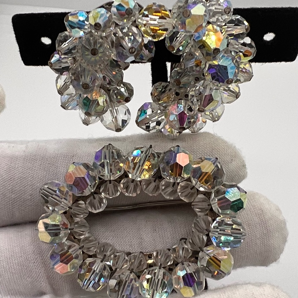 Vintage Earring Brooch Lot AB Crystals Hand Made ICY Jewelry Women Accessories